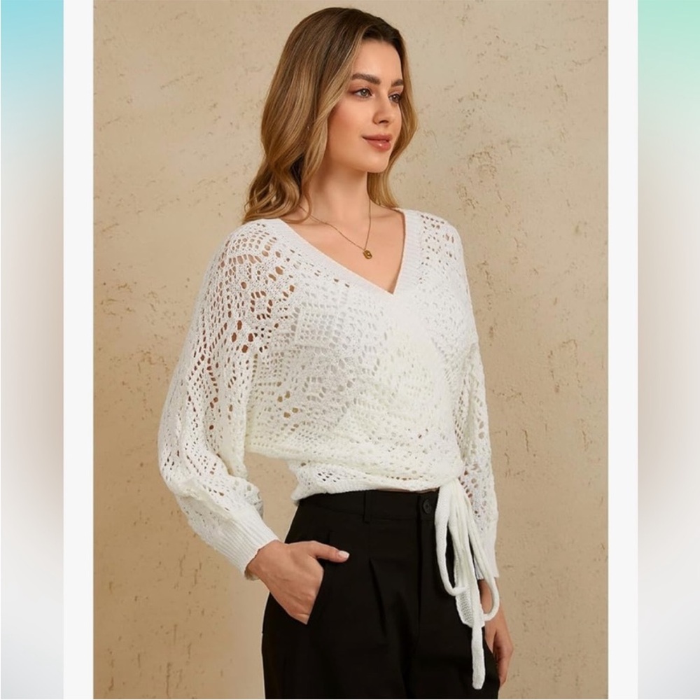 Off White or Milky White Knit Semi Sheer Wrap Sweater - Decorative Side Tie - Picture 9 of 13